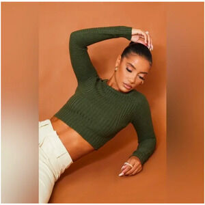 PrettyLittleThing Khaki (Green) Ribbed Cropped Knit Top UK Size XL NWT